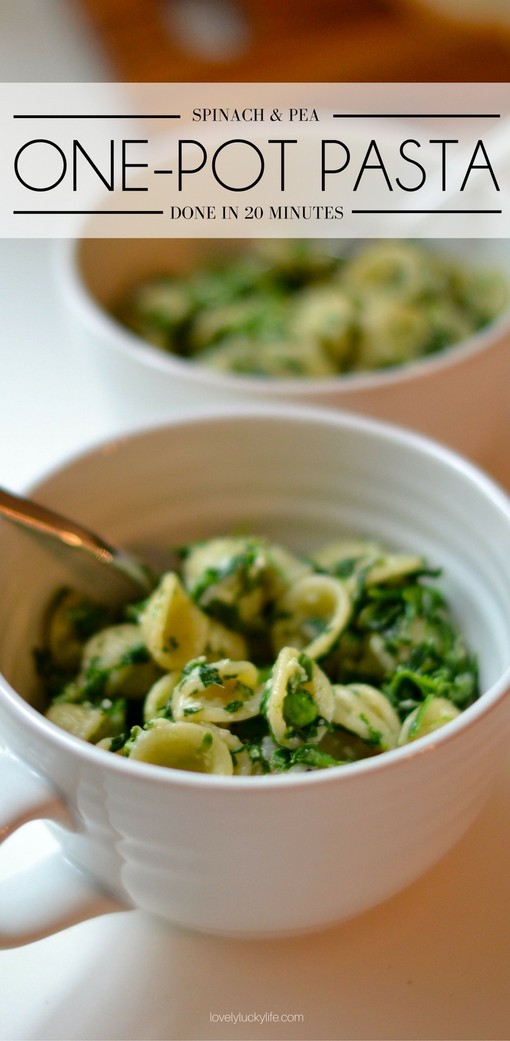 one pot pasta - spinach, peas, orecchiette one-pot pasta meal. ready in 20 minutes from start to finish 