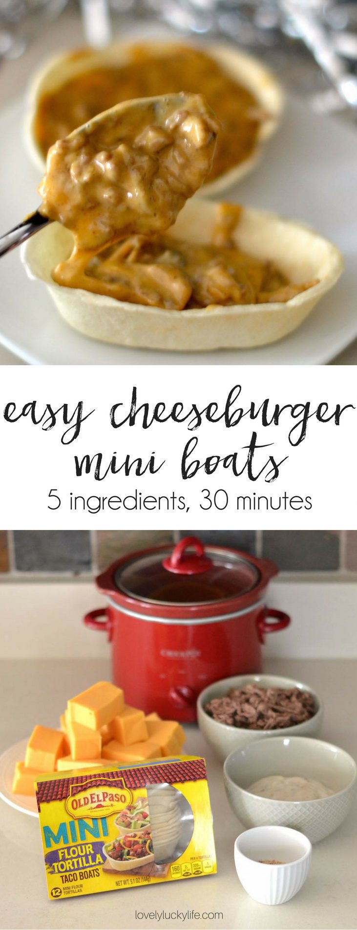 this is the best game day snack - 5 ingredient easy cheeseburger dip in Old El Paso mini taco boats. tastes just like White Castle!