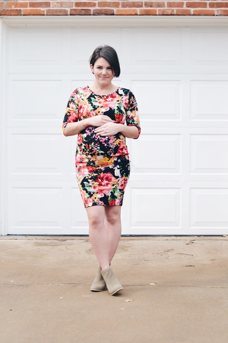 floral maternity dress - perfect to wear to a baby shower 