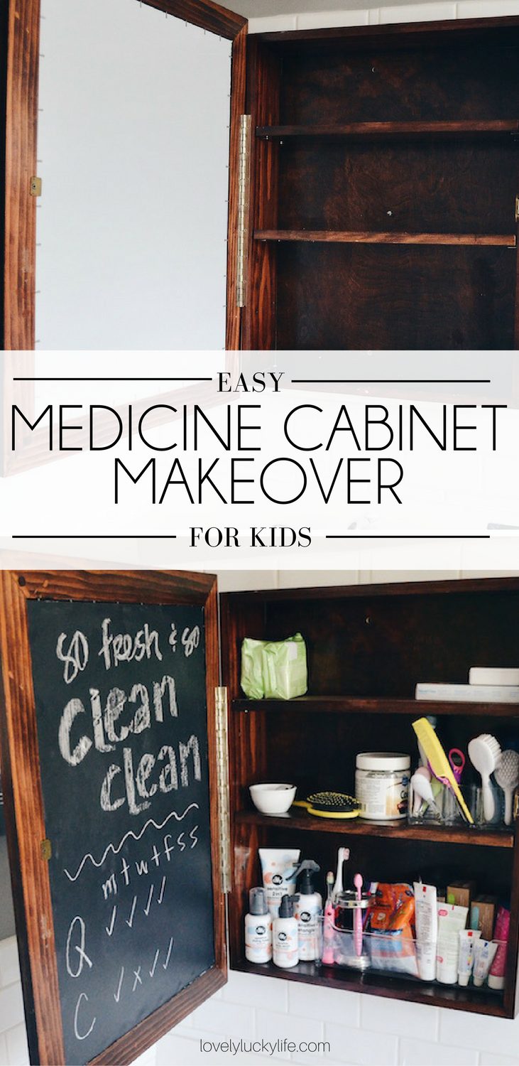 love this medicine cabinet makeover in a kid's shared bathroom - bright white bathroom design for kids + a fun chalkboard in the bathroom