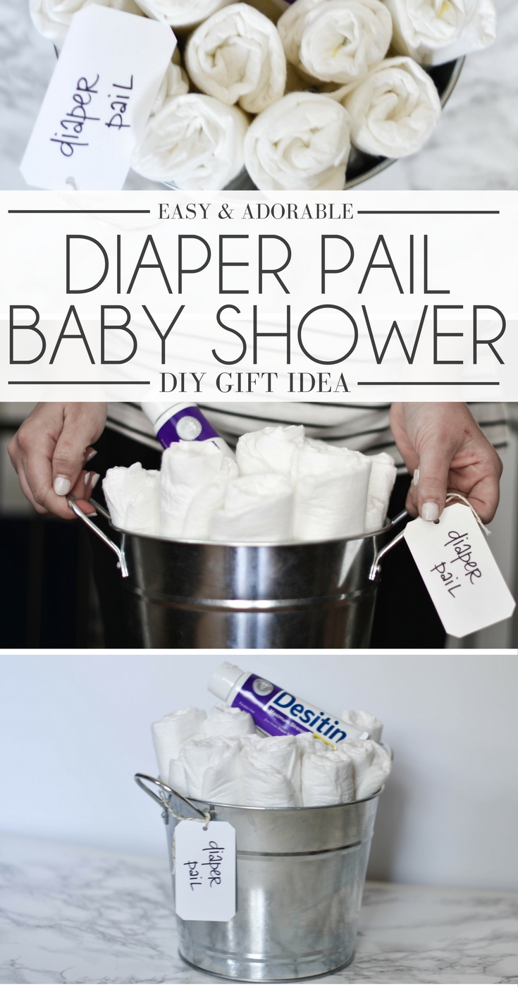 baby shower idea: a cute, modern baby shower centerpiece or shower gift - diapers in a chic galvanized metal 'diaper pail' 