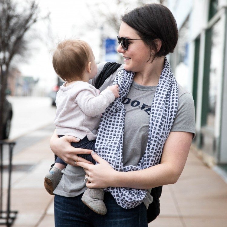 great accessory for moms of babies - this scarf has a silicon teether built in + it's totally machine washable