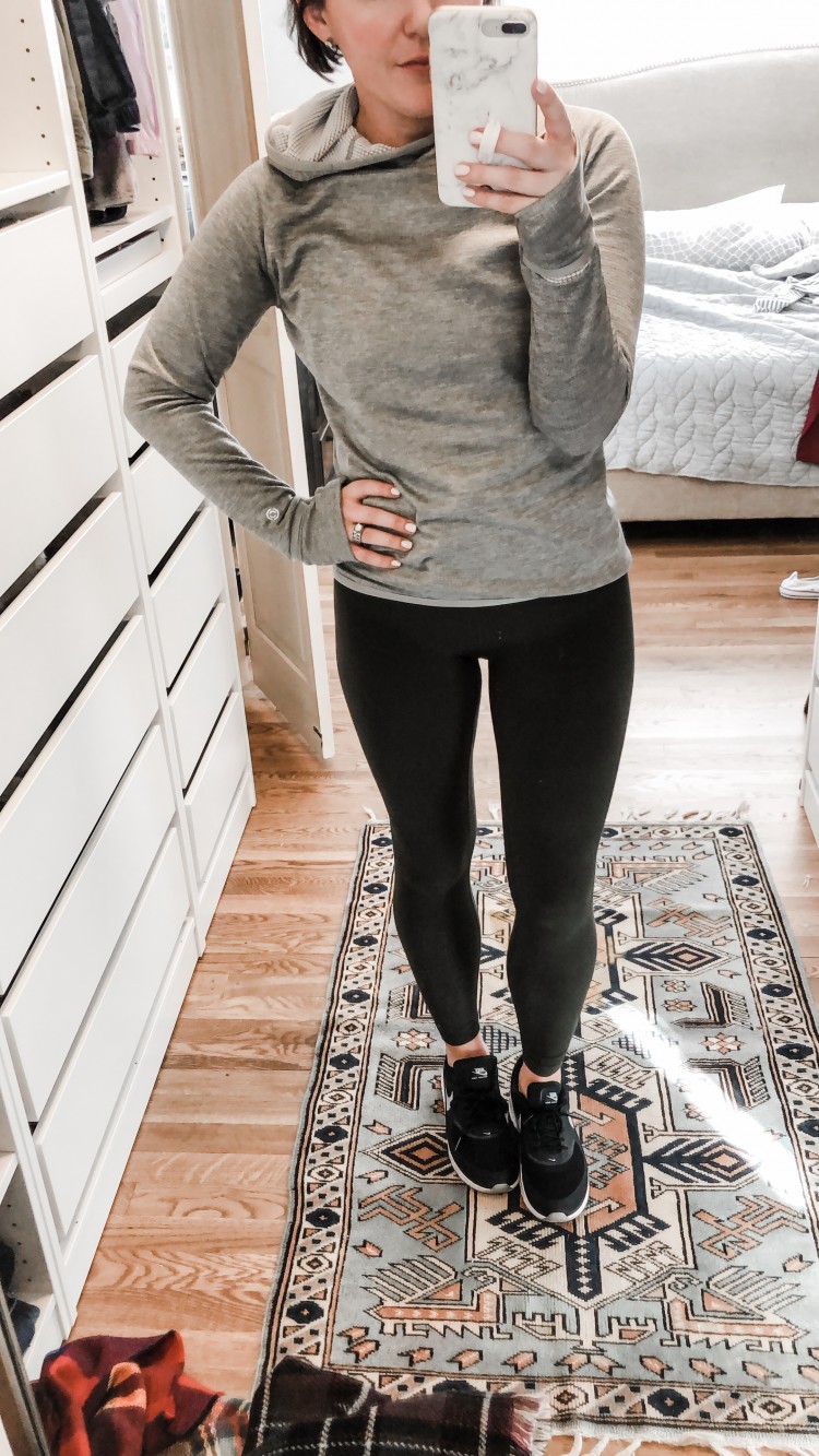 sporty mom outfit - black nikes, olive leggings, grey hoodie