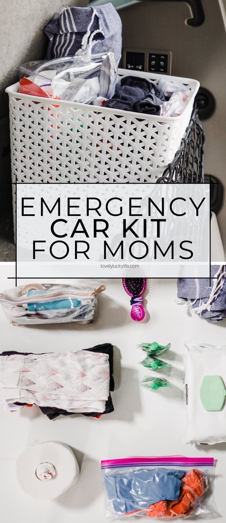 an emergency car kit with all the essentials for a road trip with kids - plus tips for a smoother trip