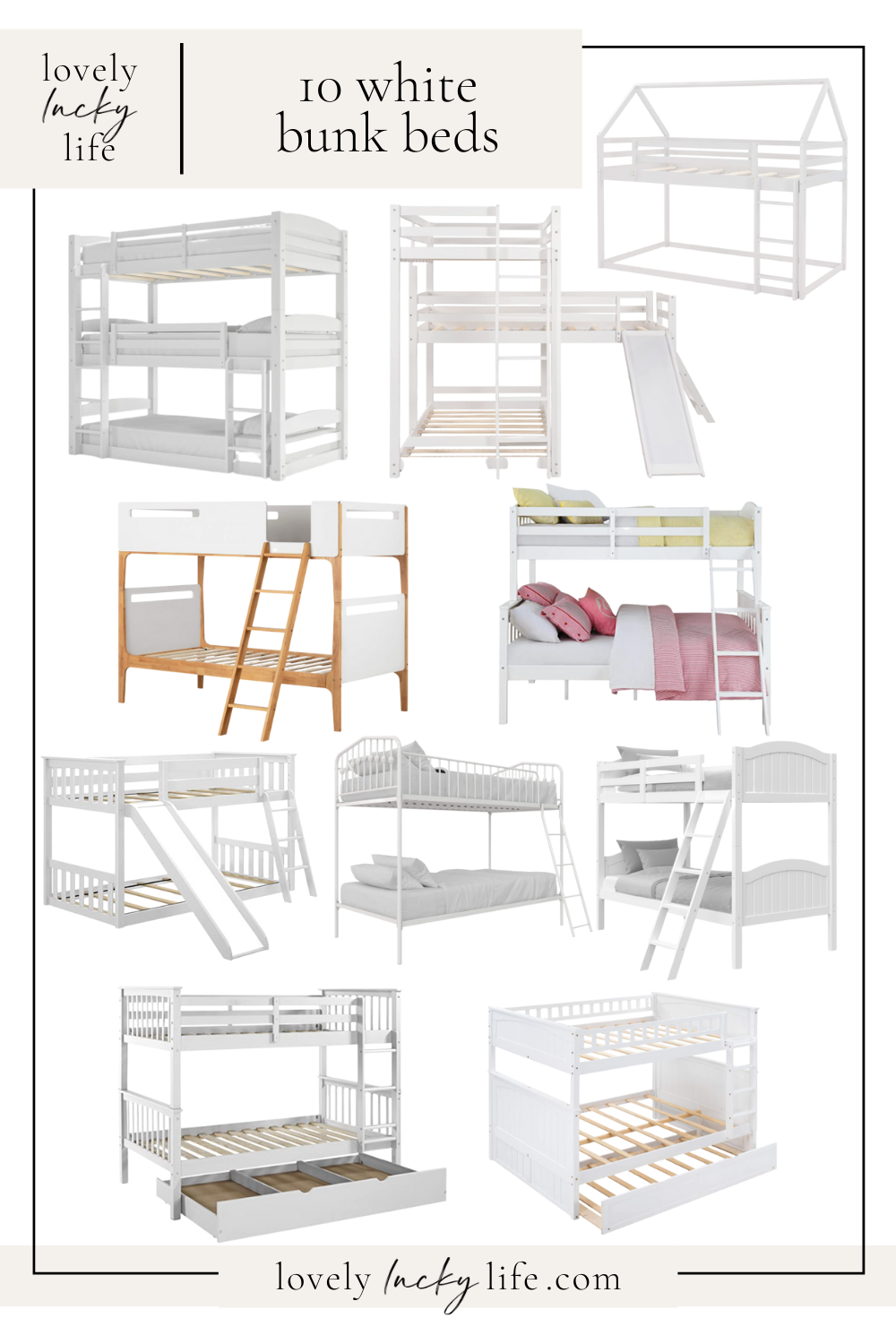 10 white bunk beds on LovelyLuckyLife.com